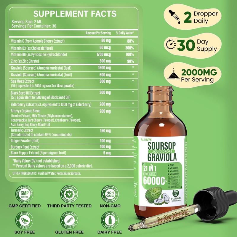 Soursop Graviola Liquid Drop Soursop Bitters Liquid, 2000mg Organic Soursop