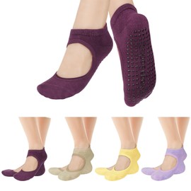 Hicdaw 4 Pairs Yoga & Pilates Socks - Non-slip Grip Elastic Workout Socks for Women