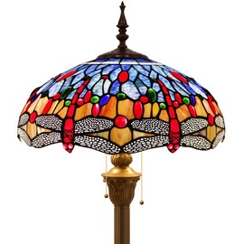 WERFACTORY Tiffany Floor Lamp Dragonfly Blue Brown Stained Glass Standing Reading Light 16X16X64 Inches Antique Pole Corner Lamp Decor Bedroom Living Room Home Office S688 Series