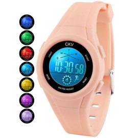 CKV Kids Digital Watch with 7 Colors LED Light for Girls Boys, 3 ATM Waterproof Children's Outdoor Wristwatch with Soft Strap, Child Watch with Alarm and Stopwatch(Pink)