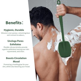 iTokGoK® All New Premium Silicone Back Scrubber with Tire Anti-Slip Long Handle for Shower, Gentle Exfoliating and Massage Brush Scrubber for Sensitive Skin for Men and Women (Midnight Green)