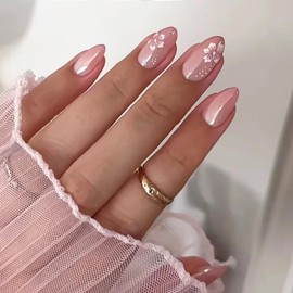 Flower MIXFOSAHN Press on Nails Short Almond Fake Nails Pink White False Nails with Gradient Designs Floral Glossy Full Cover Stick on Nails Flowers Glue on Nails Acrylic Nails for Women Girls 30 Pcs