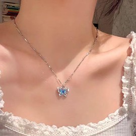 Inilbran Boho Blue Crystal Butterfly Necklace Vintage Sapphire Butterfly Pendant Necklace Silver CZ Butterfly Choker Necklace Minimalist Butterfly Tiny Chain Necklace, Zinc