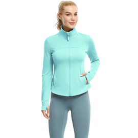 icyzone Women's Zip Up Athletic Workout Gym Running Yoga Jackets with Thumb Holes & Pockets (Aqua, S)