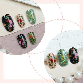 Flower Press on Nails Short Fake Nails Almond Shaped Acrylic Nail Black False Nails with Forest Strawberry Designs Full Cover Glue Reusable Artificial Stick for Women Girls 24PCS