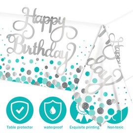 Happy Birthday Tablecloths Teal Birthday Decoration Plastic Disposable Rectangle Teal and Silver Table Cover for Girl Women Parties Happy Birthday Wedding Party Favors,70-43 Inches（3pack）