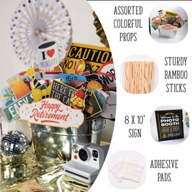 Retirement Photo Booth Props - 41-pc Photobooth Kit with 8 x 10-Inch Sign, 60 Adhesive Pads, 45 Sticks - Retirement Party Decorations - Retirement Party Props
