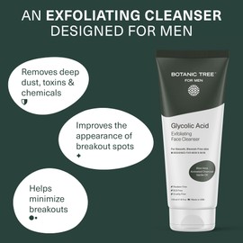 Botanic Tree Glycolic Acid Exfoliating Face Wash for Men - Facial Exfoliating Cleanser, Face Scrub - 10% Glycolic Acid with Activated Charcoal - Travel Size - 6 fl oz