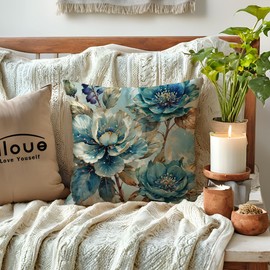 ULOVE LOVE YOURSELF Birds Flowers Throw Pillowcases 4pack Oil Painting Decorative Cushion Cover Farmhouse Spring Summer Decor Pillow Covers 18 x 18 Inches for Sofa Couch Porch (Blue)