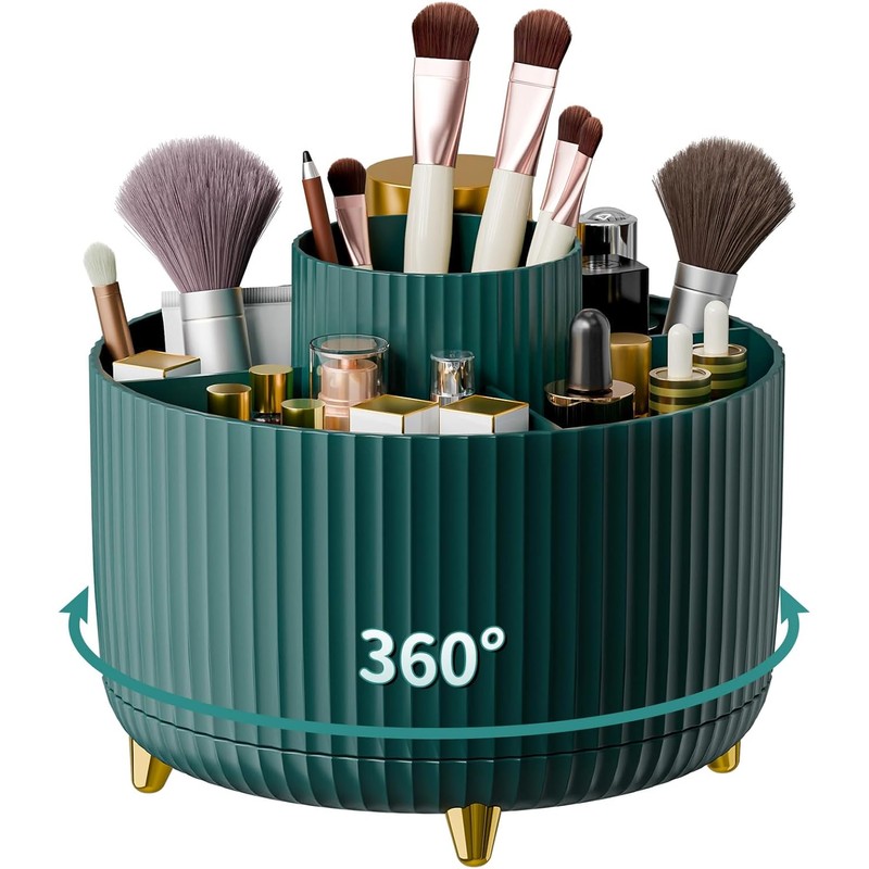 360° Rotating Makeup Brush Organizer for Vanity – 5-Compartment PP