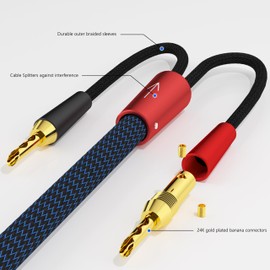 Preffair 1 Pair HiFi Speaker Cable 4 Spade Plugs & 4 Banana Plugs OFC Copper Shielded Speaker Wires Gold Plated Spade to BFA Type 13AWG/2.6mm2 Bradided Sleeves Protection for A/V Systems (10 feet)