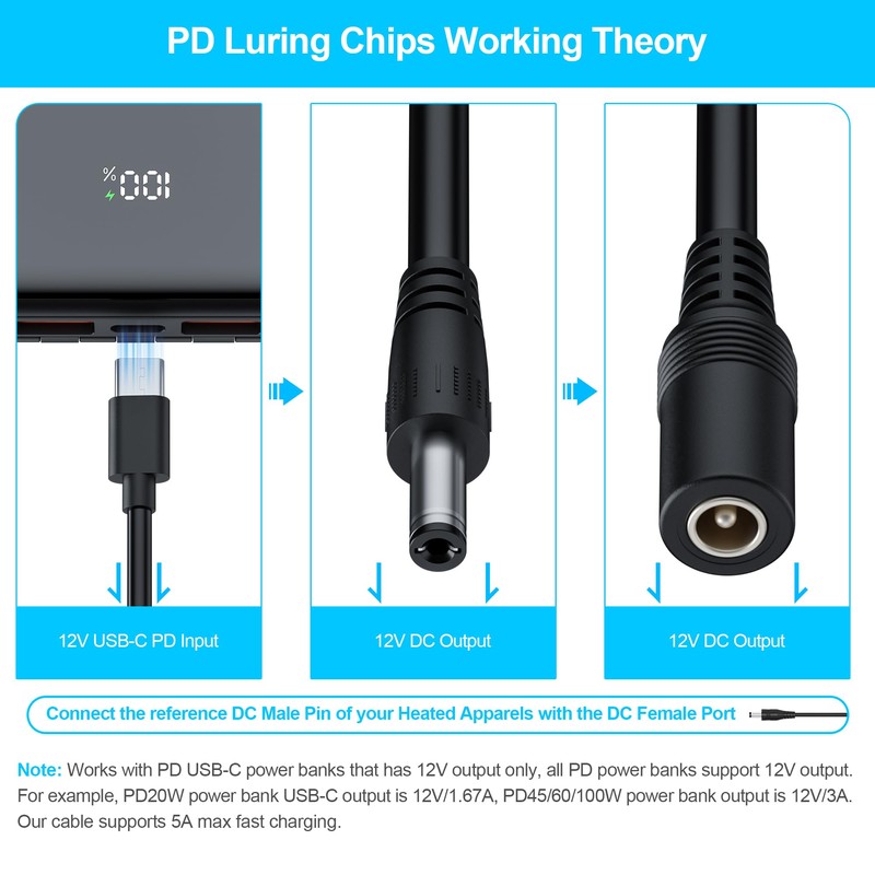 VINTELEIN 12V Heated Jacket Battery Pack Adapter Cable for Venustas/Milwaukee