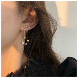 Yheakne Boho Star Ear Jacket Earrings Gold Cz Star Ear Climber Earrings Crystal Chain Tassel Earrings Crystal Ear Crawler Long Chain Earrings Jewelry for Women and Girls Gifts (Gold)