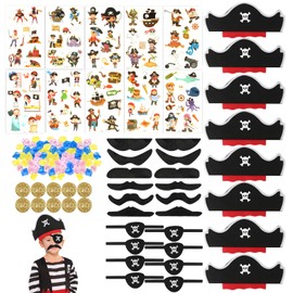 YONGQING Pirate Decoration Children's Birthday Set 8 Pirate Hat Children, 8 Eye Patches Pirate (with Stickers, Pirate Beard, Gemstones, Gold Coins), Pirate Hat Decorations for Children's Gifts,