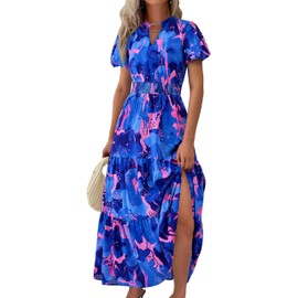 MASCOMODA Summer Maxi Dress for Women 2025 Casual V Neck Puff Short Sleeve Smocked Ruffle Flowy Beach Boho Long Floral Dress(Royal Blue,X-Large)
