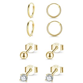 Gulicx Silver 14K Gold Plated Stud Hoop Earrings for Women Girls, 4 Pairs Hypoallergenic 925 Sterling Silver Small 3mm Round Ball Cubic Zirconia Stud Earrings 12mm Cartilage Sleeper Hoops Earrings Set