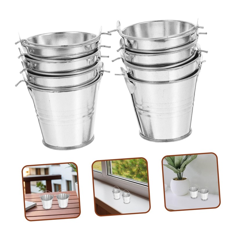 Mipcase 8Pcs Mini Tinplate Bucket Silver Flower Pot for Home