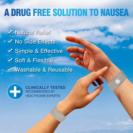 Hionfurt Bandas de mareo por movimiento, antináuseas, para adultos y niños, alivio de enfermedades matutinas para mujeres embarazadas, alivio de acupresión y náuseas para automóvil, mar y enfermedad aérea, 1 par, gris