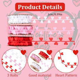 WANDIC 3 Rolls Happy Valentine's Day Satin Ribbon, Valentine Theme White Pink Red Heart Pattern for Wrapping Box Wreath Making Party Decoration