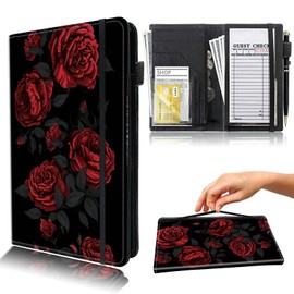 Rossy Server Books for Waitress & Waiter 9 x 5 Inch Wallet with Zipper Pocket Red Roses Design Booklet Cute Waitress Book Serving Book with 11 Money Pocket Fit Server Aprons