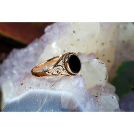 Delicate Lucy 9mm Black Stone Onyx Life Spiral Bronze Ring, Fabric jewellery bag, Onyx