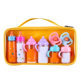 Pretendor 8 Pieces Magic Disappearing Milk and Juice Bottle with Pacifier, Pretend Play Feeding Toy Set with Yellow Package,Baby Doll Accessories