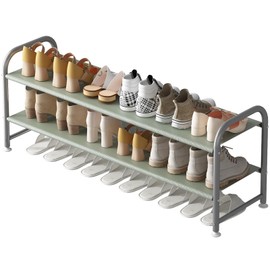 INGIORDAR Shoe Rack 2 Tier Long Storage Organizer Wide Metal Shoe Shelf for Closet Entryway Grey
