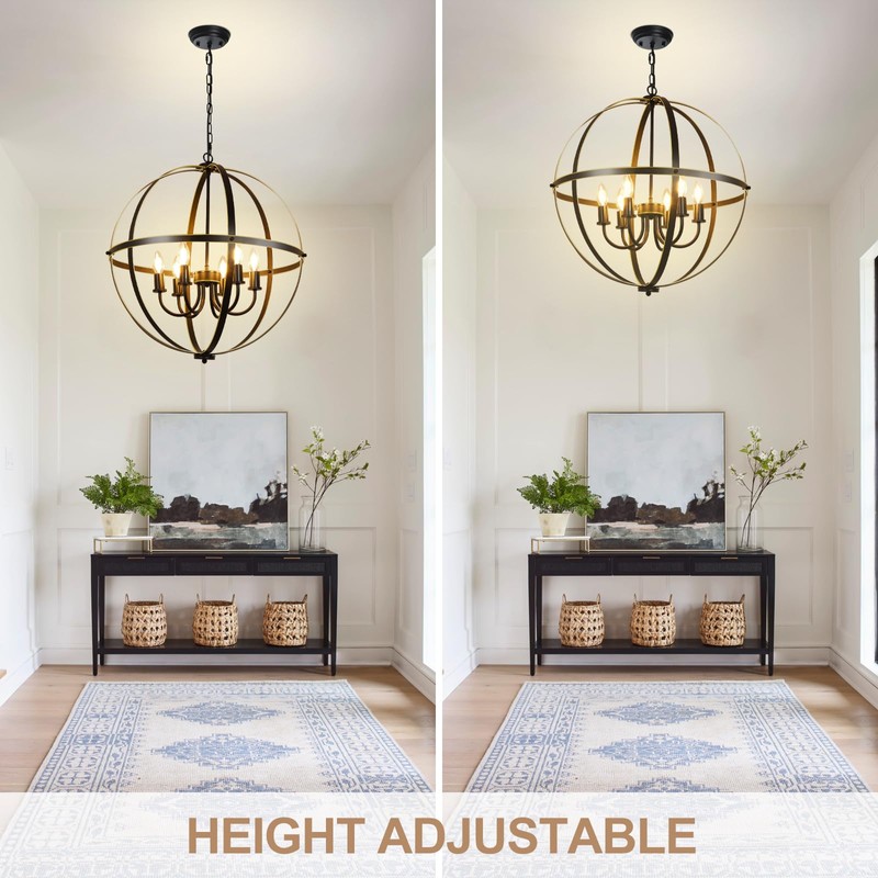 DLLT 6-Light Orb Chandelier, Black and Gold Globe Pendant Lights,