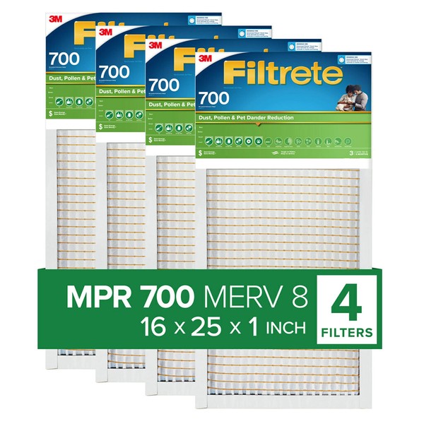 Filtrete 16x25x1 Air Filter, MPR 700, MERV 8, Clean Living Dust, Pollen and Pet Dander Reduction 3-Month Pleated 1-Inch Air Filters, 4 Filters