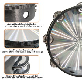 YAYUZEST Radiant Tambourine for Adults Hand Held Tambourine Drum, Double Row Jingles Wooden Reflective Tambourine Musical Instrument for Church KTV Party (8 Inch)