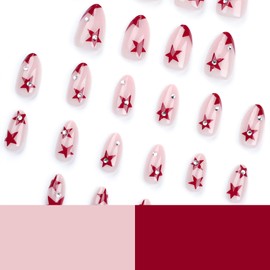 MouyouGlow Press on Nails Short, Almond Nude Red Star Rhinestone Fake Nails with Nail Glue, Almond Red Stars Crystal Artificial Fingernails