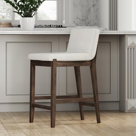 Nathan James Gracie Modern Counter Height Bar Stool with Back, Counter Stool Upholstered Chair with Natural Textured Linen and Brushed Wooden Legs, White/Dark Brown