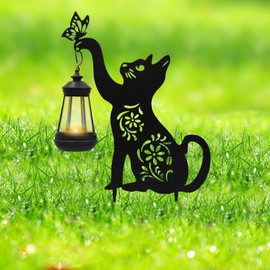Black Cat Solar Light Outdoor Garden Decor - Metal Cat Holding Lantern Stake, Waterproof Solar-Powered Pathway Light for Yard Pathway Lawn Patio - Unique Gift for Halloween Christmas Garden Decor