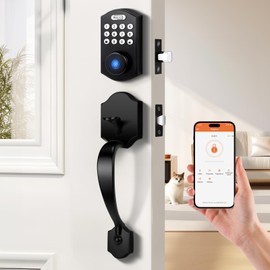 Probrico Fingerprint Keyless Entry Door Lock with Handle, Smart Front Door Lock Handle Set, Electronic Smart Keypad Deadbollt Lock with Handle Lever, App Control,Auto Lock,Black
