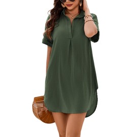 AI'MAGE Women's Swimsuit Coverup V Neck Bathing Suit Cover Up Shirt Short Sleeves Beach Bikini Swimwear Dress(Army Green, Medium)