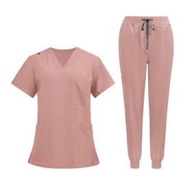 Baoblaze Uniform Scrub Set Work Suit Nurse Top Pants Work Clothes with Pockets Short Sleeve Work Clothes for Pet Groomer Healthcare, Pink, XXL