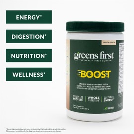 Greens First Boost - Plant-Based Protein & Balanced Nutrition - Superfood Shake Mix - No Wheat or Soy - Dairy-Free - Vegan - French Vanilla, 12.06 oz.