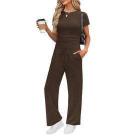 WIHOLL Matching Sets Women Clothing Summer Going Out Resort Wear Vacation Outfits 2 Piece Athleisure 2025 Petite Lounge Sets Short Sleeve Crewneck Spring Break Sweatsuits Coffee S