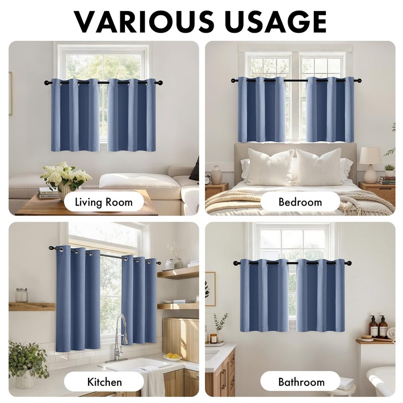 Short Denim Blue Blackout Kitchen Curtain W40 x L45 Inch