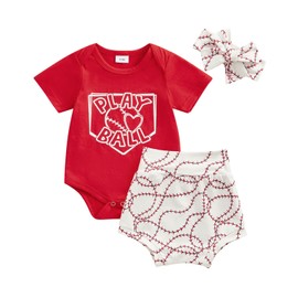 Newborn Baby Girl Baseball Outfit Short Sleeve Letters Print Romper Onesie Shorts Set Headband Summer Clothes (Red, 6-12 Months)