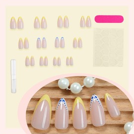 Lemond Yellow Press on Nails - French Tip False Nails with Glue - 24PCS French Manicure Fake nails - Full Cover Acrylic Stick on Nails for Women Girls - Long Lasting Glue on nails for DIY Nail Art