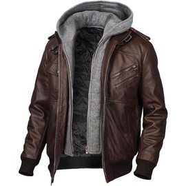 Storemm Mens leather jacket Geniune motorcycle Fashion jacket men with removable hood leather jacket for man (3X-Large, Regular, Coffee-brown+grey(hood))
