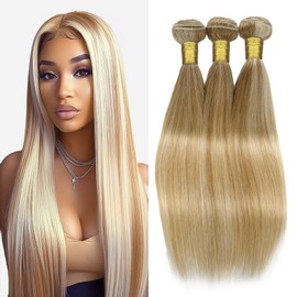 Dokksiiia Two Tone Blonde Color Straight Bundles P27/613 Ombre Human Hair Bundles Highlight Honey/Light Blonde Weave 26/28/30 Inch Double Weft Brazilian Human Hair Extensions
