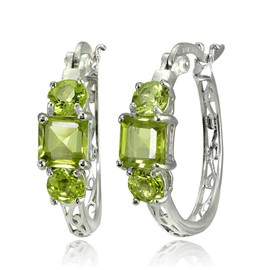 Gemstone Earrings for Women Sterling Silver Three-Stone Hoops Prom Fashion Bridesmaids, Sterling Silver, Peridot