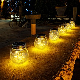 Cooo 6 Pack Crackle Glass Solar Lantern with 30 LED Firefly Lights– Waterproof Outdoor Hanging Lamp 215% Larger Solar Panel, Anti-Rust Lids Decorative Lighting for Garden Patio Christmas Decorations