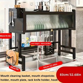 Household kitchen storage rack with cabinet door sink dish storage rack multi-layer functional countertop drain rack kitchen sink countertop dust-proof storage storage bowl drying rack - Color: black-83cm