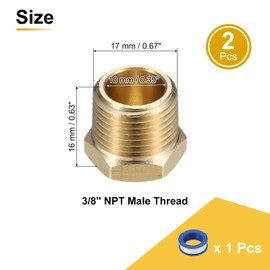 sourcing map 2Pcs Brass Hex Head Plug Compression Cap Fitting Stop Valve Cap, 3/8" NPT Hex Thread Pipe Fitting Flare Cap Tubing Ends Sealing Cap with PTFE Tape for Air Conditioner, Water, Gold