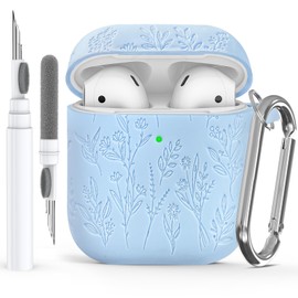 Flower Engraved Case for AirPods 2nd/1st Generation 2019, Soft Silicone AirPods Case Cover for AirPod 2/1 Gen Case Cover Charging Case with Clean Kit, Carabiner, Front LED Visible, Light Blue