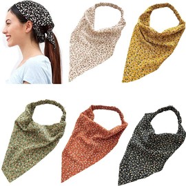 5 pañuelos de gasa para la cabeza de turbante de gasa, con diseño floral, triangular, con diadema, diadema, bohemia, bandas elásticas para el cabello con diseño floral, Paquete de 5 colores
