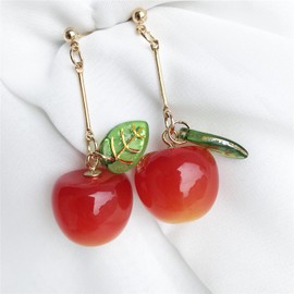 ANDPAI 18K Gold Plated Fruit Earring 3D Green Leaf Red Cherry Charm Tassel Dangle Drop Stud Earrings for Women (Long Red)